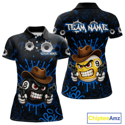 Black And Blue Funny Cowboy 8 Ball & 9 Ball Billiard Shirts For Women Custom Pool Team Jersey TDM7427