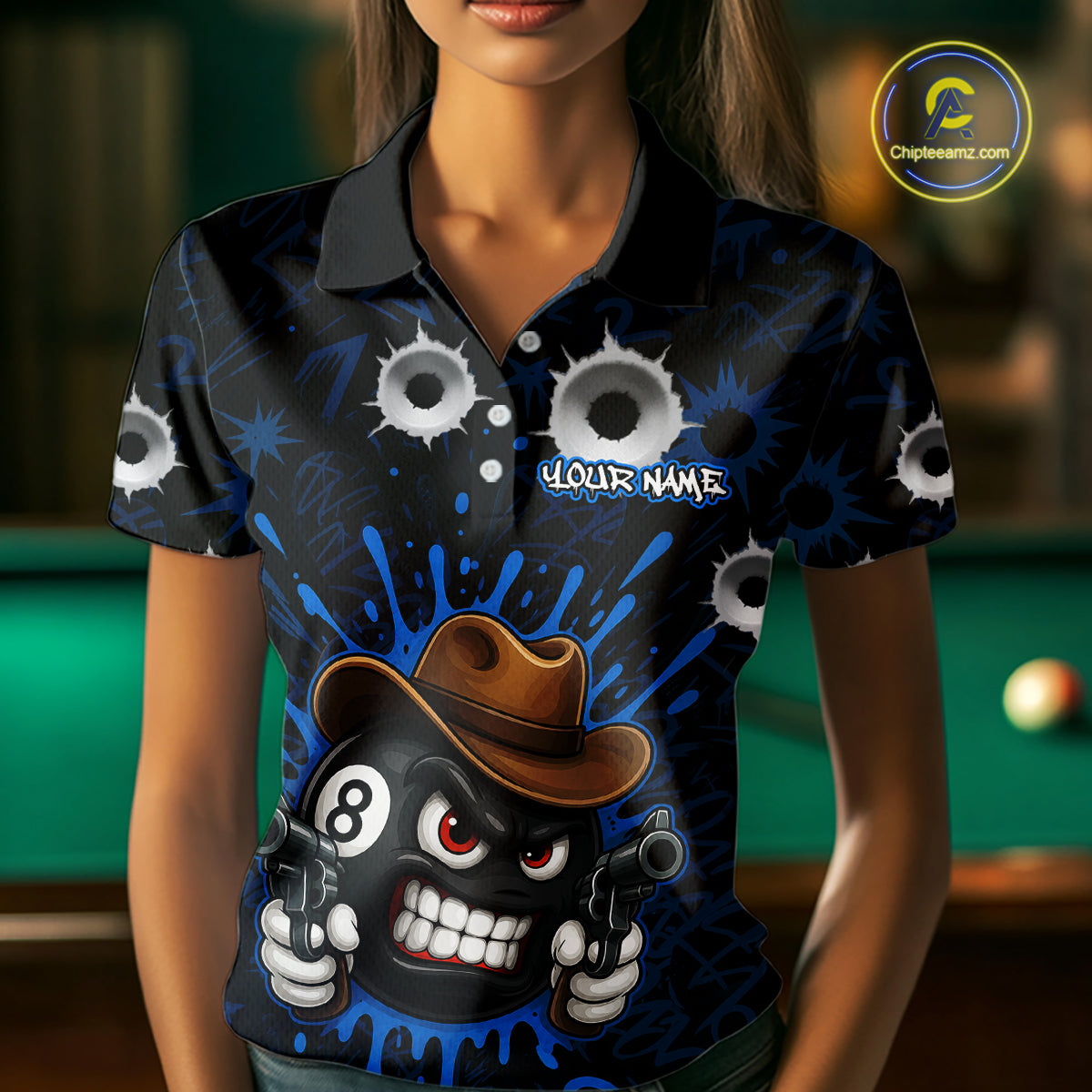 Black And Blue Funny Cowboy 8 Ball & 9 Ball Billiard Shirts For Women Custom Pool Team Jersey TDM7427