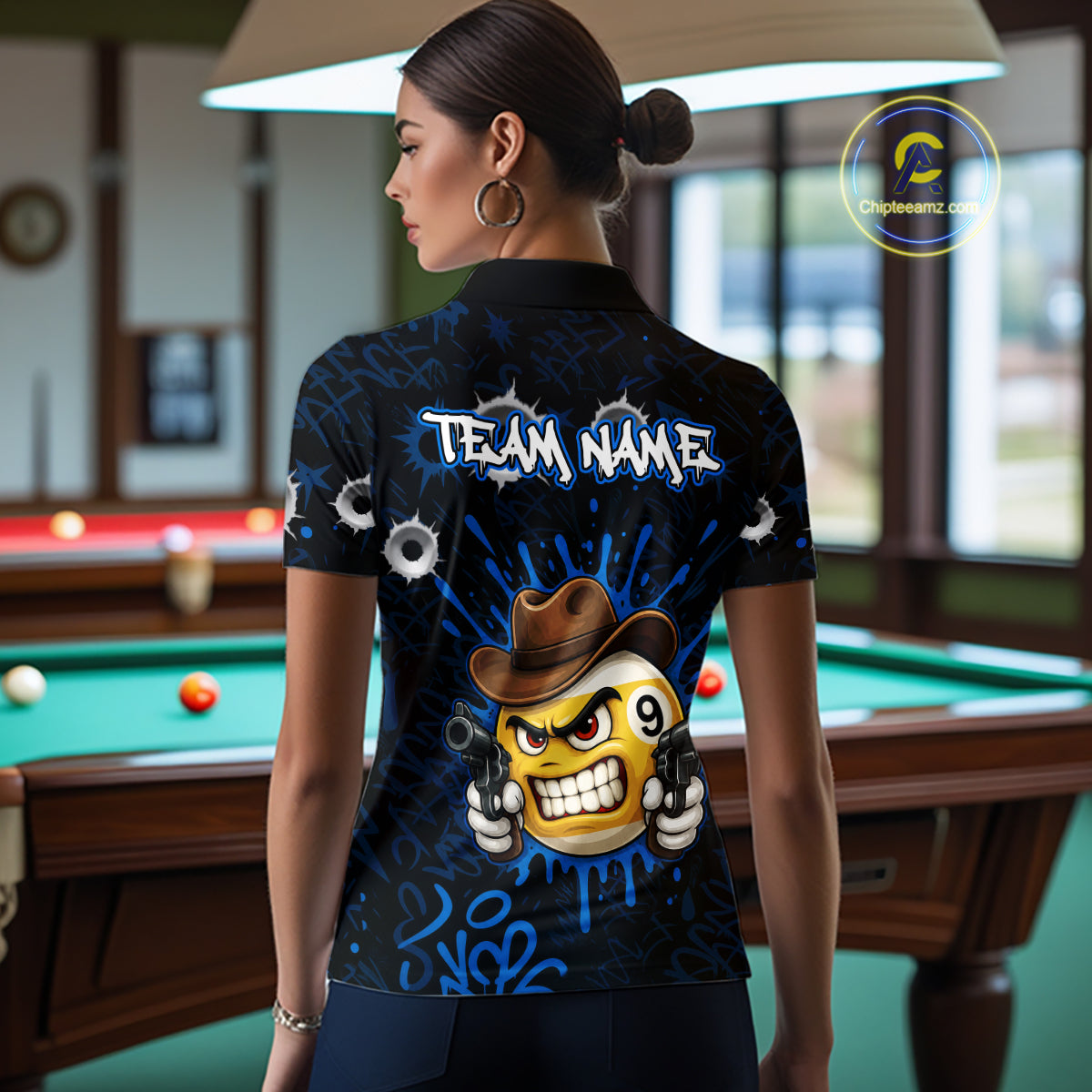 Black And Blue Funny Cowboy 8 Ball & 9 Ball Billiard Shirts For Women Custom Pool Team Jersey TDM7427