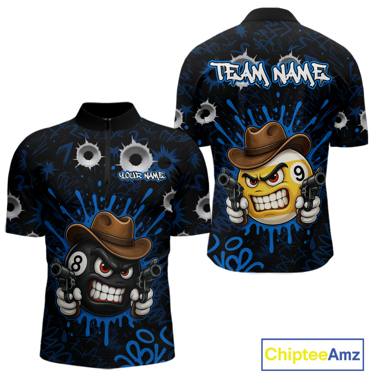 Black And Blue Funny Cowboy 8 Ball & 9 Ball Billiard Shirts For Men Custom Pool Team Jersey TDM7427