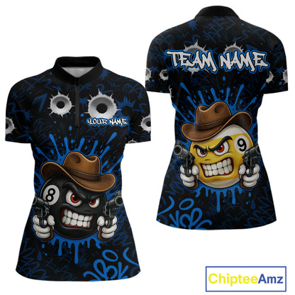 Black And Blue Funny Cowboy 8 Ball & 9 Ball Billiard Shirts For Women Custom Pool Team Jersey TDM7427