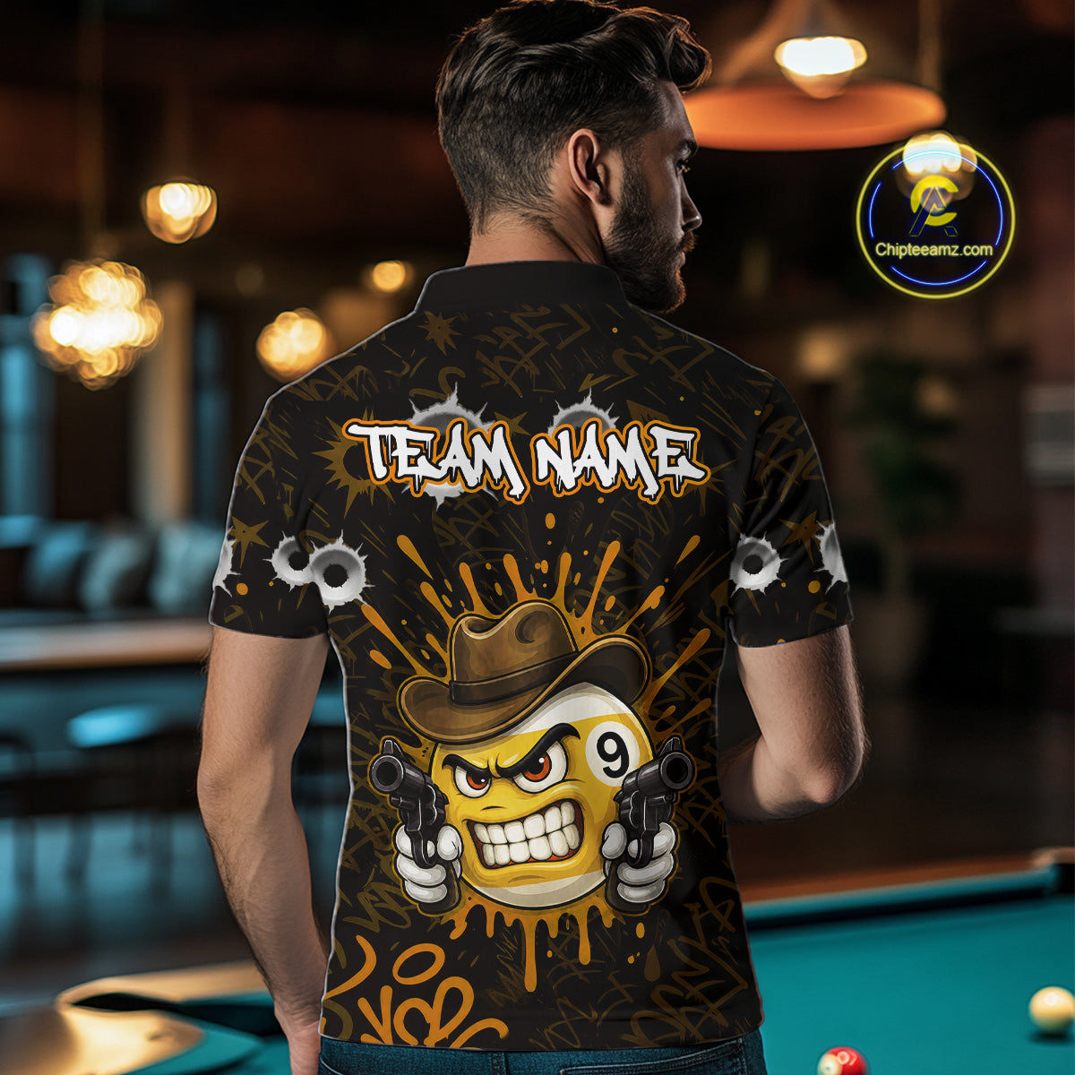 Black And Orange Funny Cowboy 8 Ball & 9 Ball Billiard Shirts For Men Custom Pool Team Jersey TDM7428