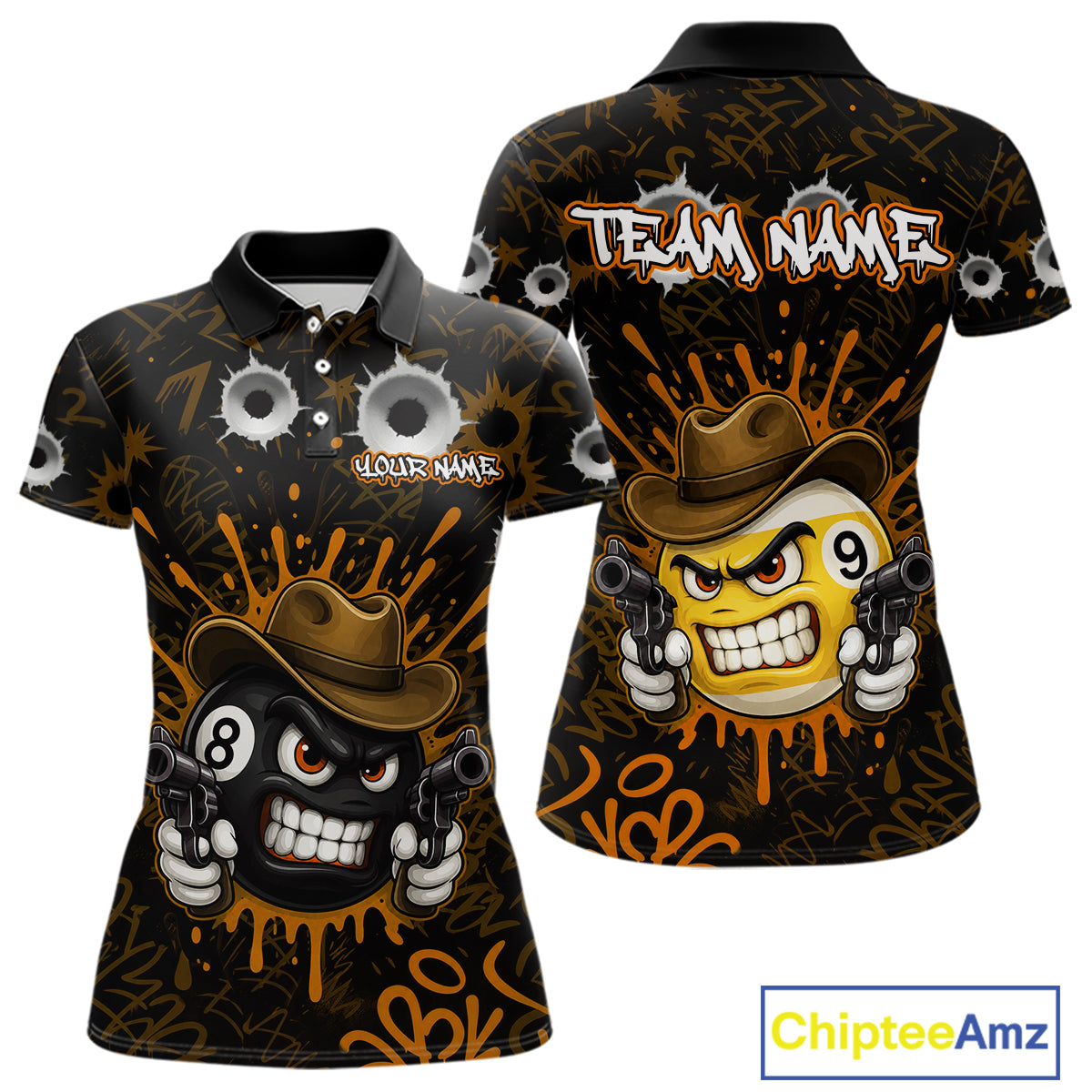 Black And Orange Funny Cowboy 8 Ball & 9 Ball Billiard Shirts For Women Custom Pool Team Jersey TDM7428