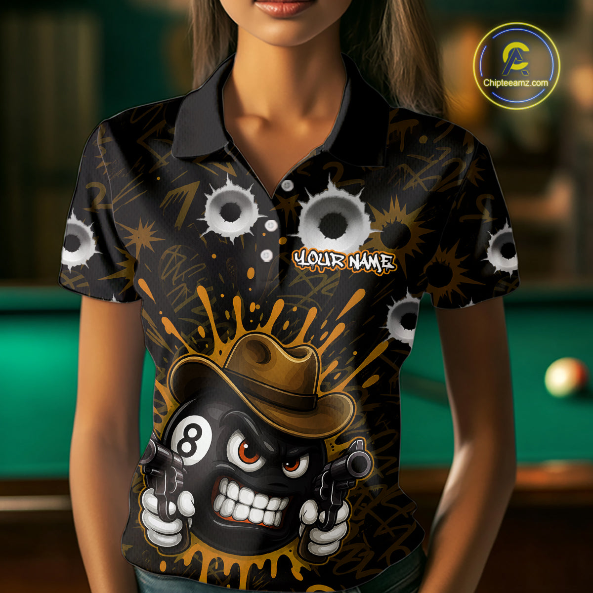 Black And Orange Funny Cowboy 8 Ball & 9 Ball Billiard Shirts For Women Custom Pool Team Jersey TDM7428