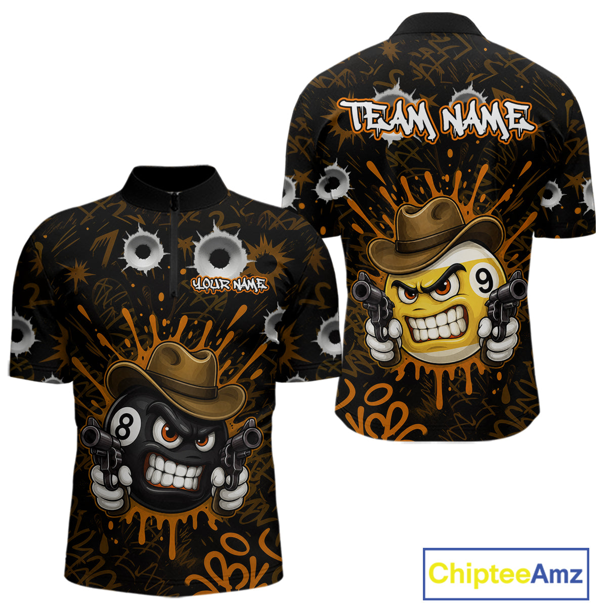 Black And Orange Funny Cowboy 8 Ball & 9 Ball Billiard Shirts For Men Custom Pool Team Jersey TDM7428