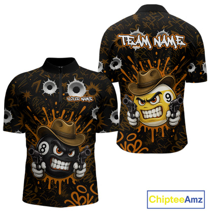 Black And Orange Funny Cowboy 8 Ball & 9 Ball Billiard Shirts For Men Custom Pool Team Jersey TDM7428