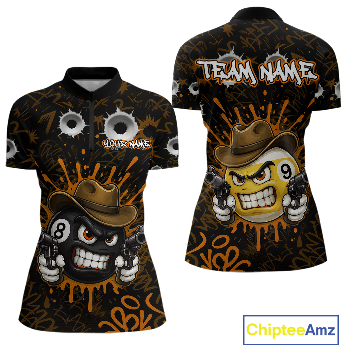 Black And Orange Funny Cowboy 8 Ball & 9 Ball Billiard Shirts For Women Custom Pool Team Jersey TDM7428