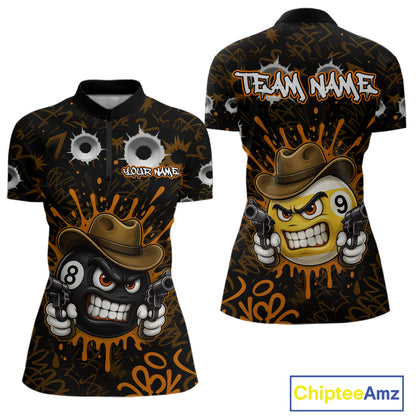 Black And Orange Funny Cowboy 8 Ball & 9 Ball Billiard Shirts For Women Custom Pool Team Jersey TDM7428