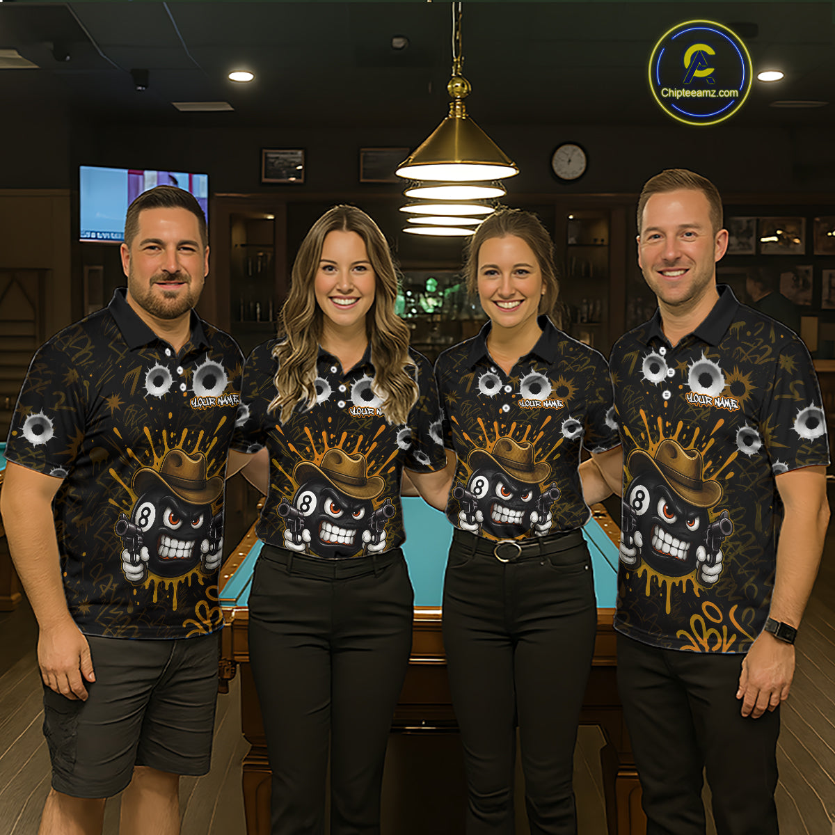 Black And Orange Funny Cowboy 8 Ball & 9 Ball Billiard Shirts For Men Custom Pool Team Jersey TDM7428