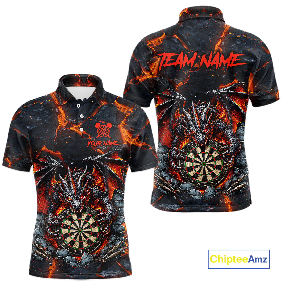 Custom Black and Orange Dartboard Fire Flame Dragon Darts Polo Shirt for Men Designed for Personalized Darts League Team Jerseys with Premium Athletic Performance and Eye Catching Graphics