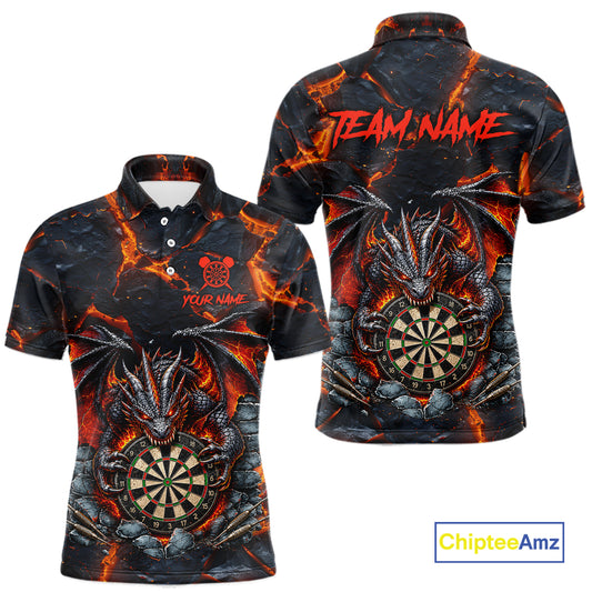 Custom Black and Orange Dartboard Fire Flame Dragon Darts Polo Shirt for Men Designed for Personalized Darts League Team Jerseys with Premium Athletic Performance and Eye Catching Graphics