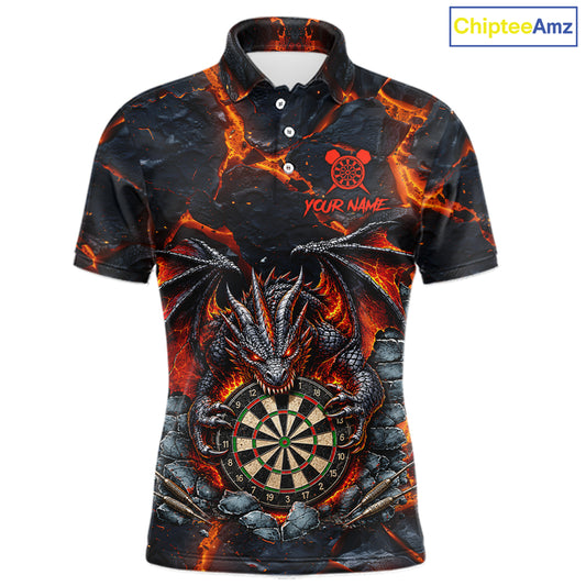 Black and Orange Dartboard Fire Flame Dragon Darts Polo Shirt for Men Featuring a Flaming Dragon and Dartboard Design for Dart League Players, Team Competition, and Tournament Events