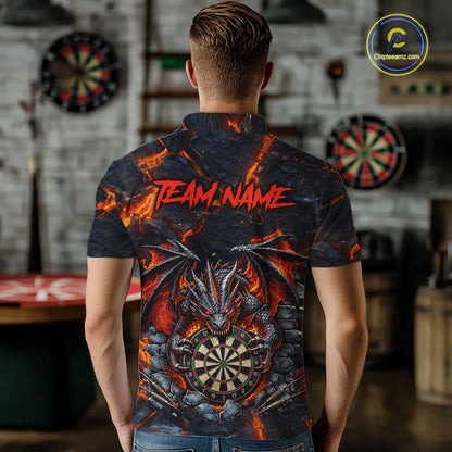 Man Wearing Black and Orange Dartboard Fire Flame Dragon Custom Darts League Team Jersey Featuring the Complete Rear Graphic Design, Back View