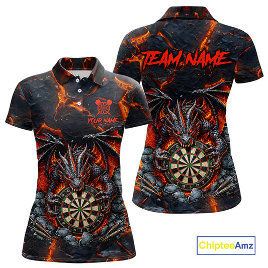 Custom Black and Orange Dartboard Fire Flame Dragon Darts Polo Shirt for Women Designed for Personalized Darts League Team Jerseys with Premium Athletic Performance and Eye Catching Graphics