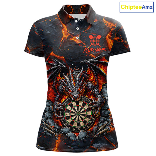 Black and Orange Dartboard Fire Flame Dragon Darts Polo Shirt for Women Featuring a Flaming Dragon and Dartboard Design for Dart League Players, Team Competition, and Tournament Events