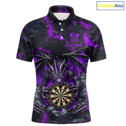 Black and Purple Fire Flame Dragon Darts Polo Shirt for Men Featuring a Powerful Dragon and Flame Design for Dart League Players, Team Competition, and Tournament Events
