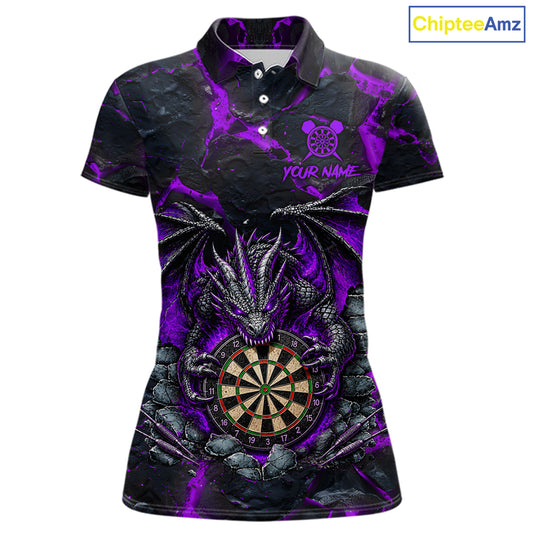 Black and Purple Fire Flame Dragon Darts Polo Shirt for Women Featuring a Powerful Dragon and Flame Design for Dart League Players, Team Competition, and Tournament Events