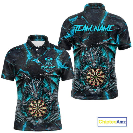 Custom Black and Turquoise Fire Flame Dragon Darts Polo Shirt for Men Designed for Personalized Darts League Team Jerseys with Premium Athletic Performance and Bold Dragon Graphics