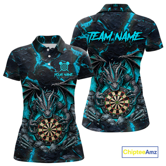 Custom Black and Turquoise Fire Flame Dragon Darts Polo Shirt for Women Designed for Personalized Darts League Team Jerseys with Premium Athletic Performance and Bold Dragon Graphics