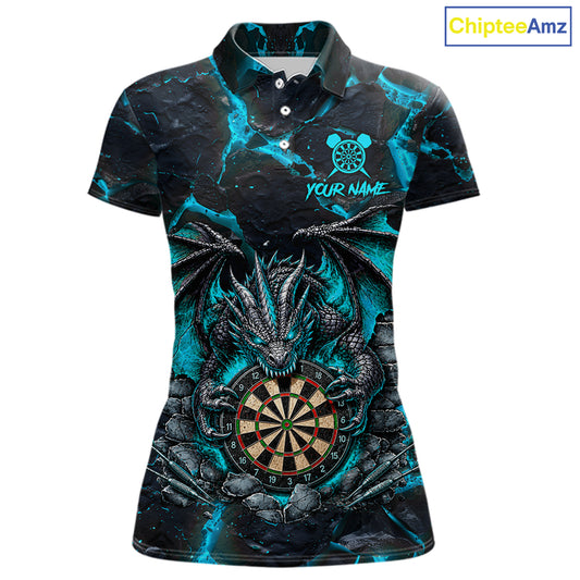 Black and Turquoise Fire Flame Dragon Darts Polo Shirt for Women Featuring a Fierce Fire Dragon Design for Dart League Players, Team Competition, and Tournament Events