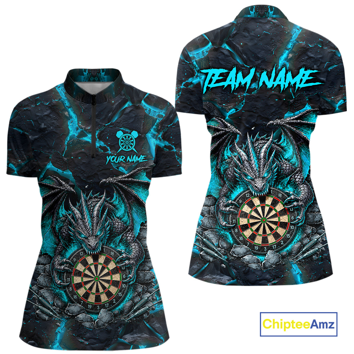 Black and Turquoise Fire Flame Dragon Quarter Zip Darts Shirt for Women Created for Competitive Dart League Teams with Performance Fabric and Tournament Ready Team Design