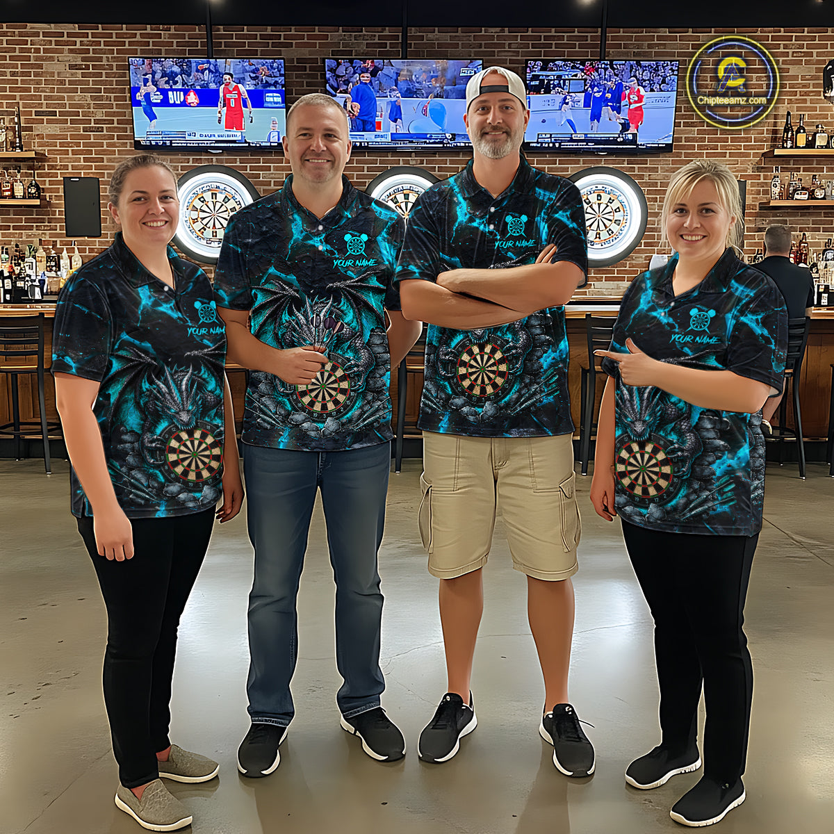 Dart Team Wearing Black and Turquoise Fire Flame Dragon Darts Jerseys During League Competition and Tournament Matches, Front View