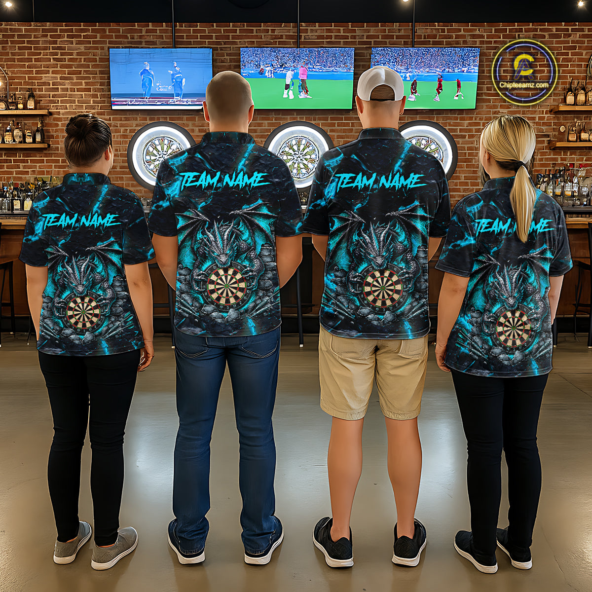 Dart Team Wearing Black and Turquoise Fire Flame Dragon Custom Darts Team Jerseys Featuring the Complete Back Artwork, Back View