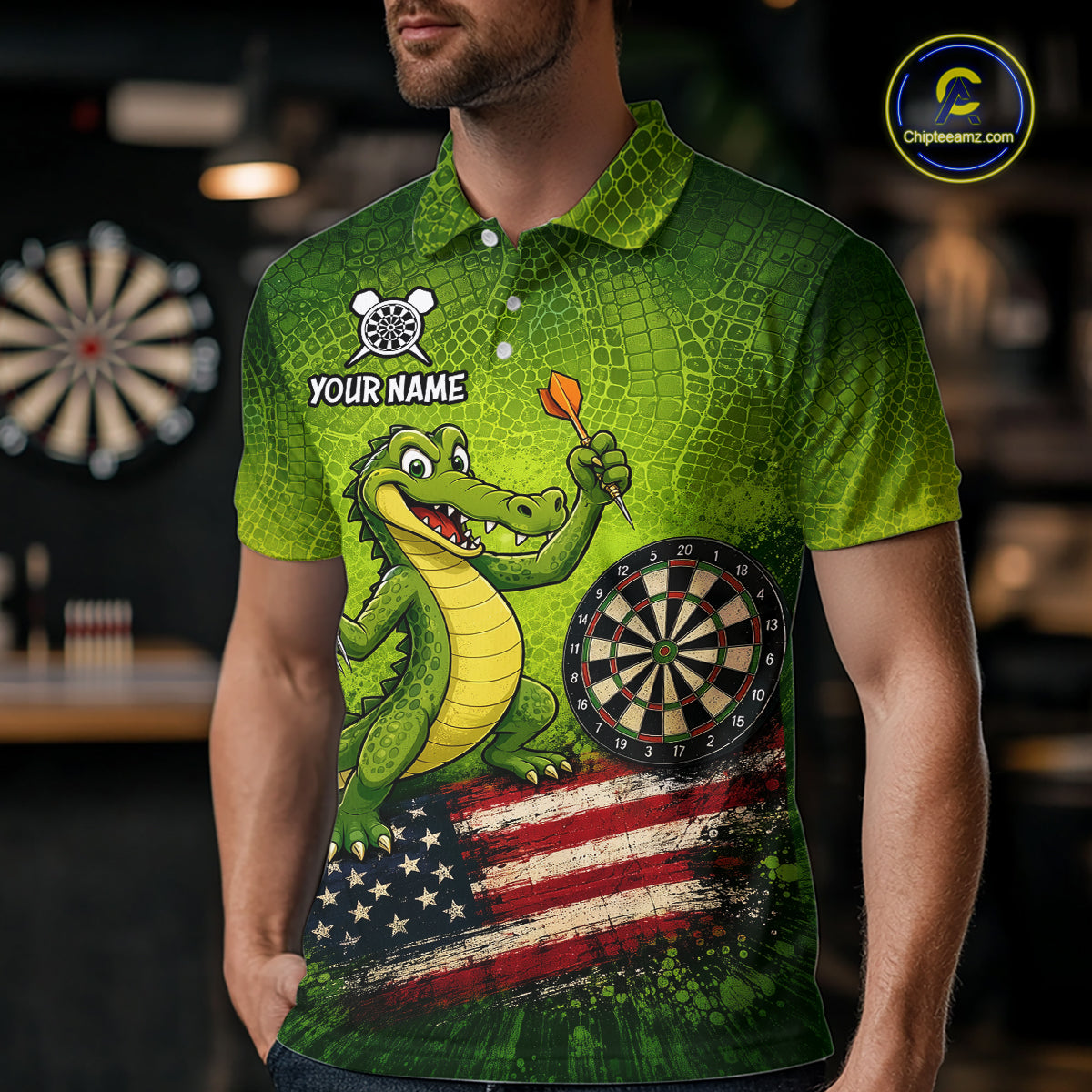Green Funny Alligator US Flag Darts Shirt For Men Custom Darts Team Jersey Personalized Darts Gift TDM7441