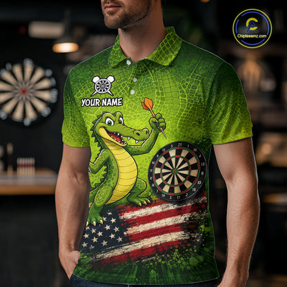 Green Funny Alligator US Flag Darts Shirt For Men Custom Darts Team Jersey Personalized Darts Gift TDM7441