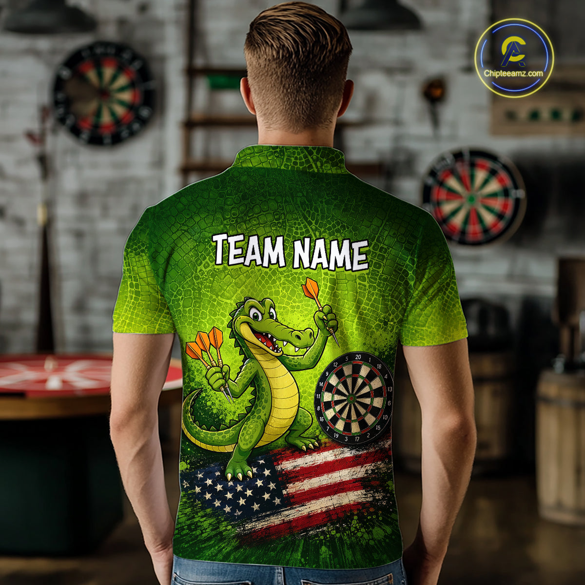 Green Funny Alligator US Flag Darts Shirt For Men Custom Darts Team Jersey Personalized Darts Gift TDM7441