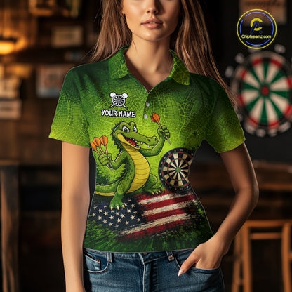 Green Funny Alligator US Flag Darts Shirt For Women Custom Darts Team Jersey Personalized Darts Gift TDM7441