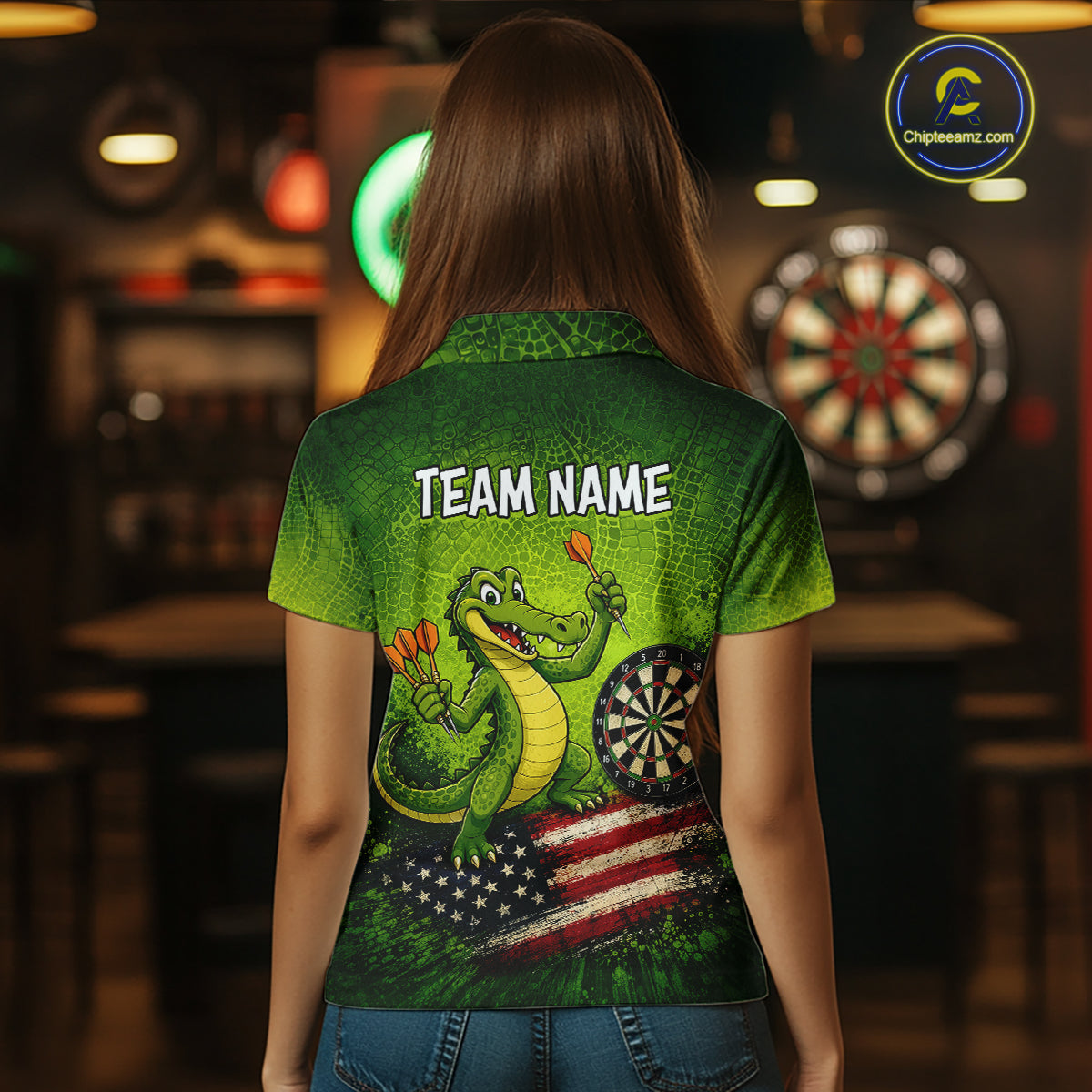 Green Funny Alligator US Flag Darts Shirt For Women Custom Darts Team Jersey Personalized Darts Gift TDM7441