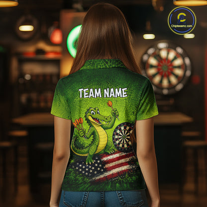 Green Funny Alligator US Flag Darts Shirt For Women Custom Darts Team Jersey Personalized Darts Gift TDM7441