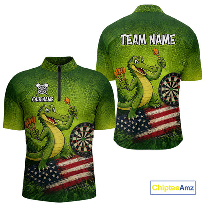 Green Funny Alligator US Flag Darts Shirt For Men Custom Darts Team Jersey Personalized Darts Gift TDM7441