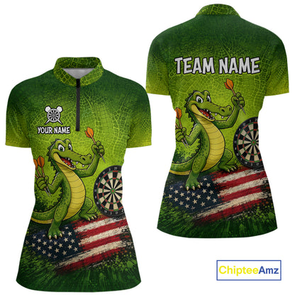 Green Funny Alligator US Flag Darts Shirt For Women Custom Darts Team Jersey Personalized Darts Gift TDM7441