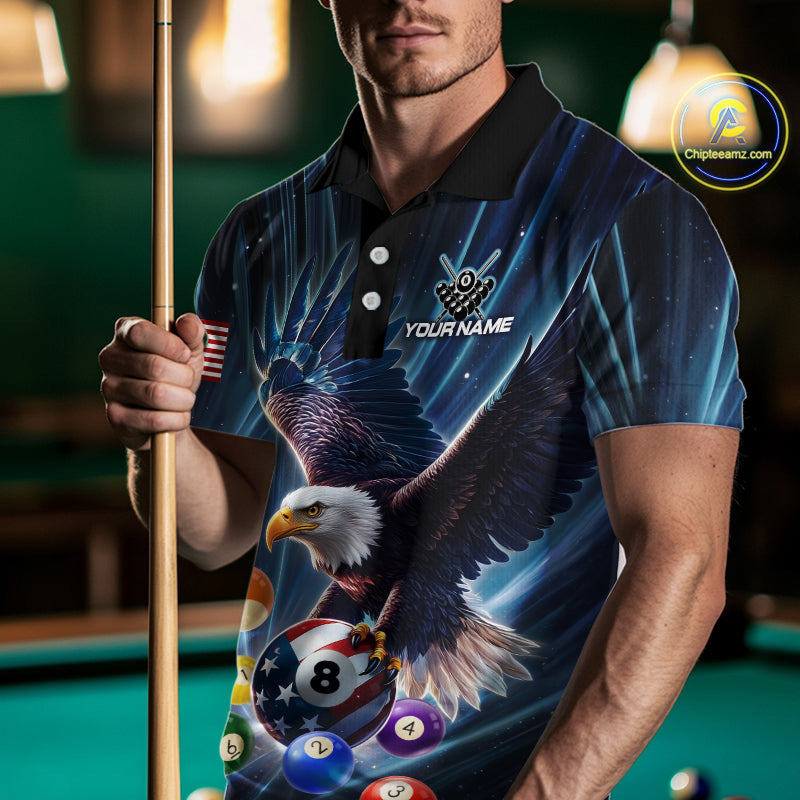 Blue 8 Ball US Flag Eagle Lightning Billiard Shirt For Men Custom Pool Team Jersey Polo & 1/4 Zip TDM5375