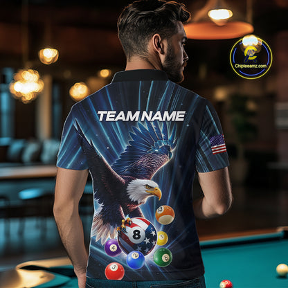 Blue 8 Ball US Flag Eagle Lightning Billiard Shirt For Men Custom Pool Team Jersey Polo & 1/4 Zip TDM5375