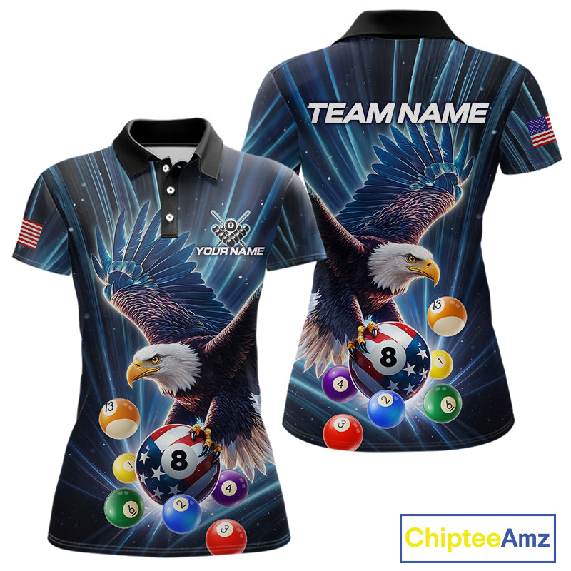 Blue 8 Ball US Flag Eagle Lightning Billiard Shirt For Women Custom Pool Team Jersey Polo & 1/4 Zip TDM5375