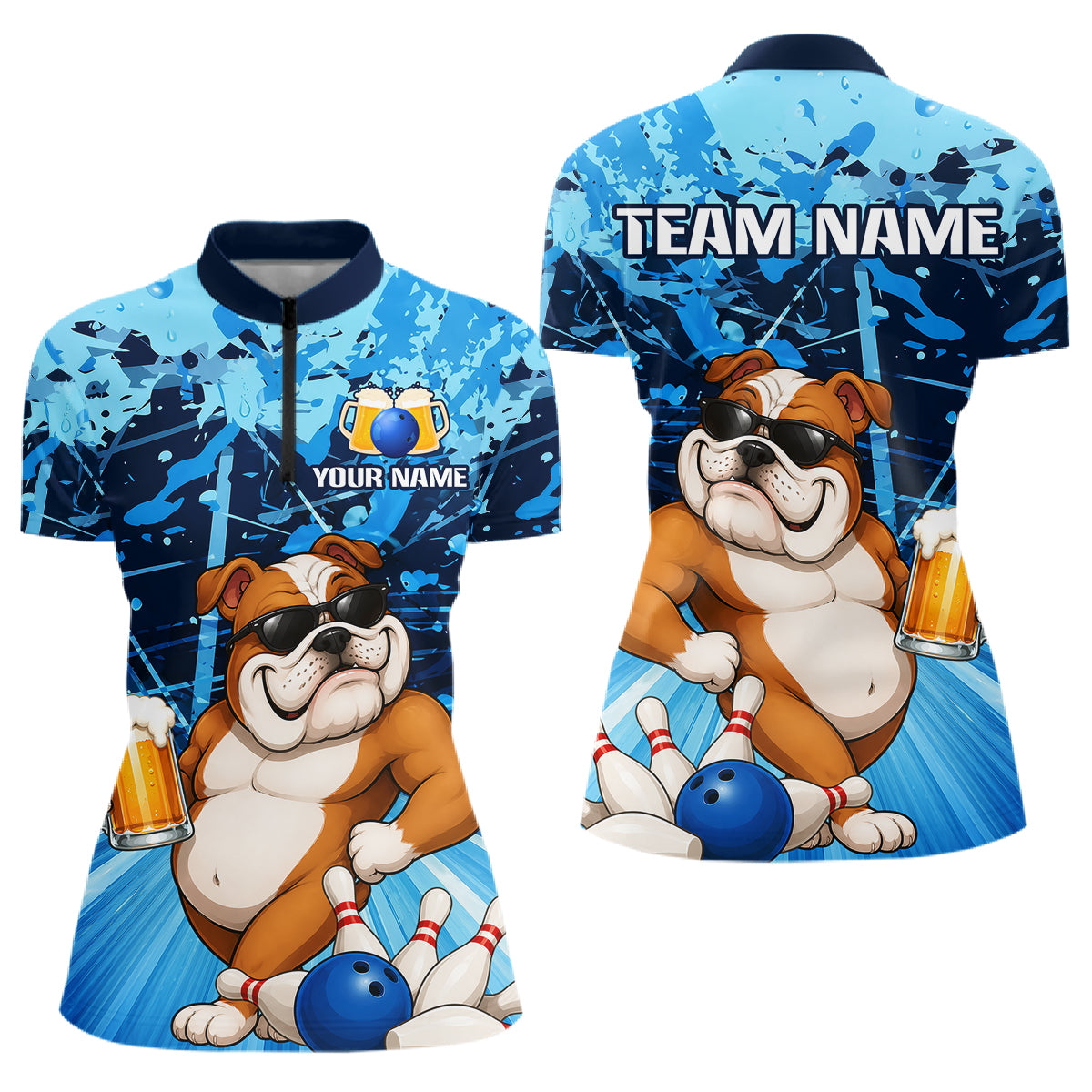 Blue Funny Bulldog Bowling Beer Polo & 1/4 Zip Shirts For Women Custom Bowling Team Jersey TDM6473