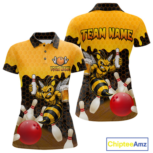 Black and Yellow Funny Bee Beer Bowling Shirt design featuring a funny bee holding a beer mug with black, yellow and hexagon pattern on a custom polo bowling shirt for women