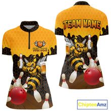 Load image into Gallery viewer, Black and Yellow Funny Bee Beer Bowling quarter zip bowling shirt featuring a funny bee, beer mug and bold black and yellow hexagon design for women