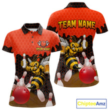 Load image into Gallery viewer, Black and Red Funny Bee Beer Bowling Shirt design featuring a funny bee holding a beer mug with black, red and hexagon pattern on a custom polo bowling shirt for women