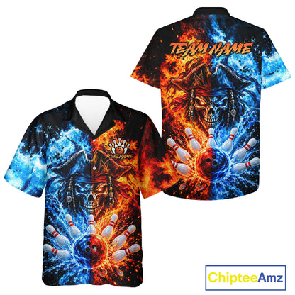 Custom Fire And Ice Pirate Bowling Hawaiian Shirt For Men Women, Bowling Button Up Shirt Team Jersey TDM8110