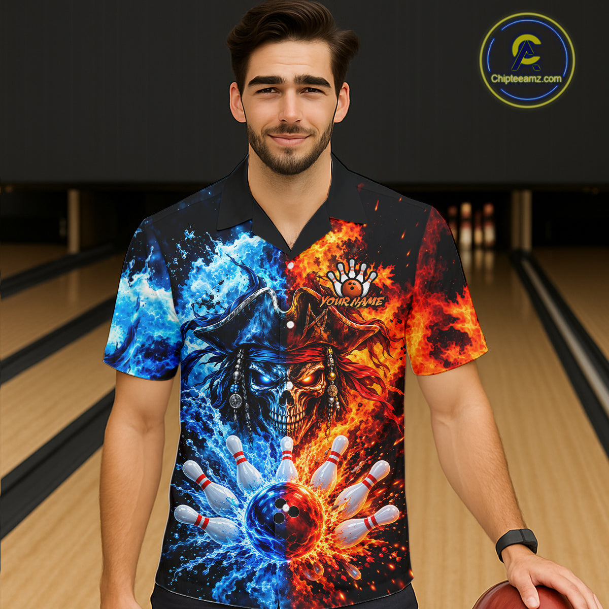 Custom Fire And Ice Pirate Bowling Hawaiian Shirt For Men Women, Bowling Button Up Shirt Team Jersey TDM8110
