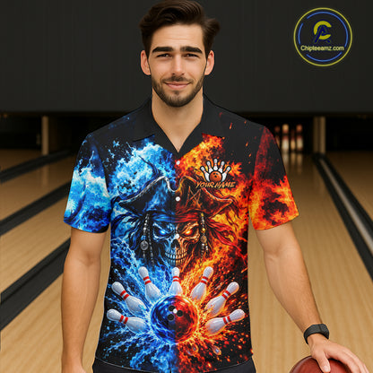 Custom Fire And Ice Pirate Bowling Hawaiian Shirt For Men Women, Bowling Button Up Shirt Team Jersey TDM8110