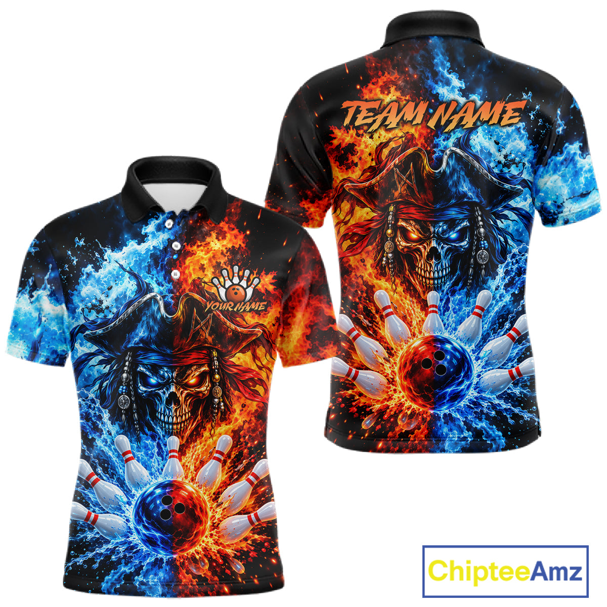 Custom Fire And Ice Pirate Bowling Shirts For Men Personalized Bowling Team Jersey Polo, 1/4 Zip TDM8110
