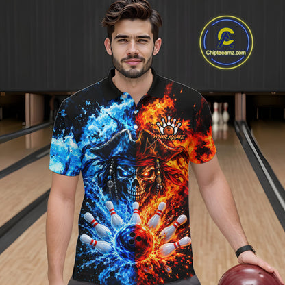 Custom Fire And Ice Pirate Bowling Shirts For Men Personalized Bowling Team Jersey Polo, 1/4 Zip TDM8110