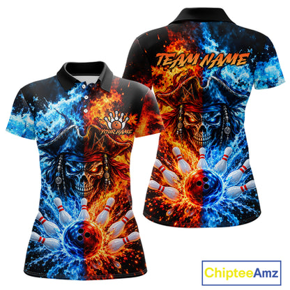 Custom Fire And Ice Pirate Bowling Shirts For Women Personalized Bowling Team Jersey Polo, 1/4 Zip TDM8110