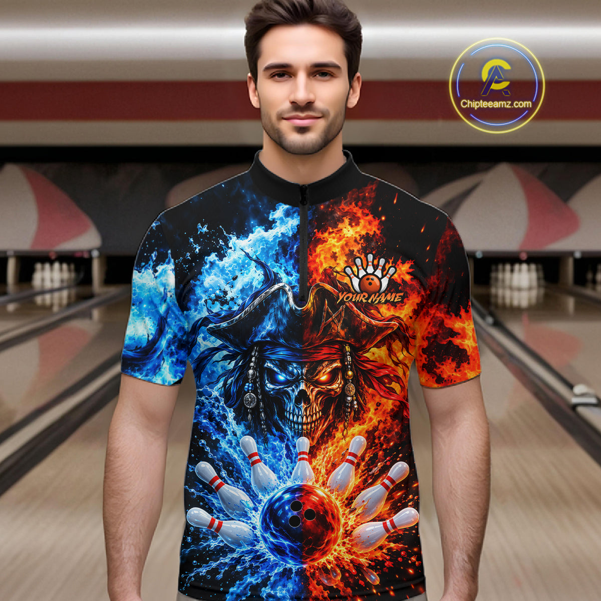 Custom Fire And Ice Pirate Bowling Shirts For Men Personalized Bowling Team Jersey Polo, 1/4 Zip TDM8110