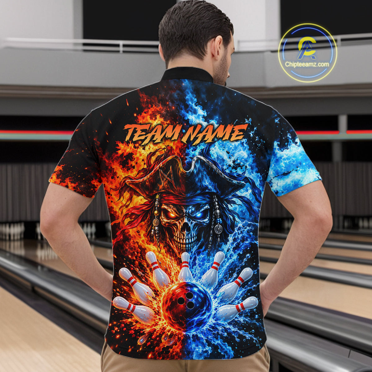 Custom Fire And Ice Pirate Bowling Shirts For Men Personalized Bowling Team Jersey Polo, 1/4 Zip TDM8110